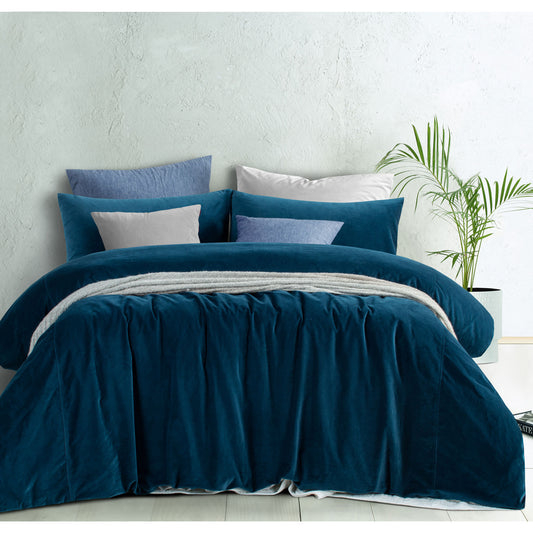 Vintage Design Homewares Cotton Velvet Quilt Cover Set Riverland Blue QUEEN