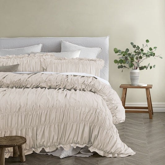 Vintage Design Homewares Haven Natural Washed Cotton Ruched Quilt Cover Set DOUBLE