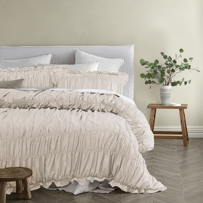 Vintage Design Homewares Haven Natural Washed Cotton Ruched Quilt Cover Set Queen