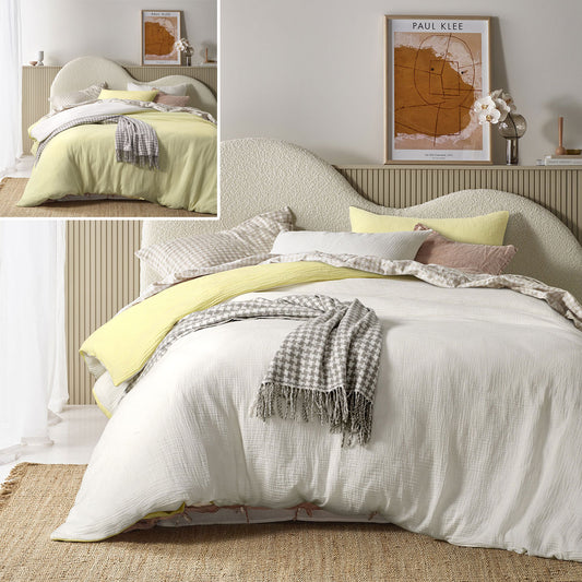 Vintage Design Homewares Hugo Reversible White Butter Cotton Gauze Quilt Cover Set QUEEN