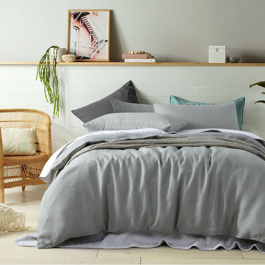 100% Linen Quilt Cover Set King Dove Grey Vintage Design