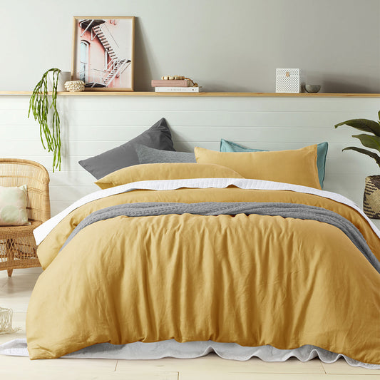 Vintage Design Homewares 100% Linen Ochre Quilt Cover Set QUEEN