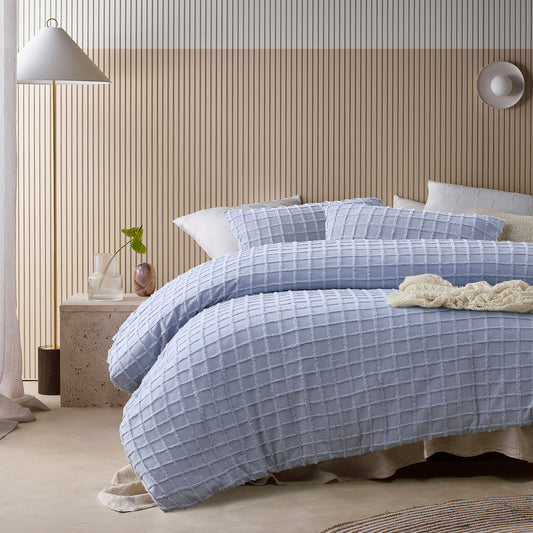 Vintage Design Homewares Parquet Snooze Blue Polyester Cotton Quilt Cover Set KING