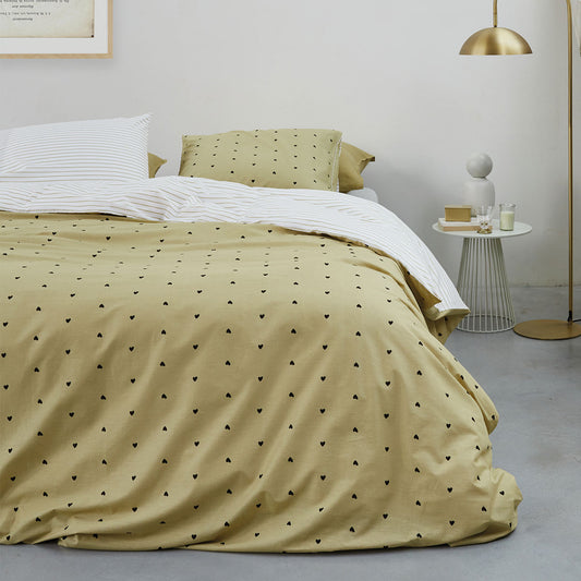 VTWonen Striped Hearts Yellow Cotton Quilt Cover Set QUEEN
