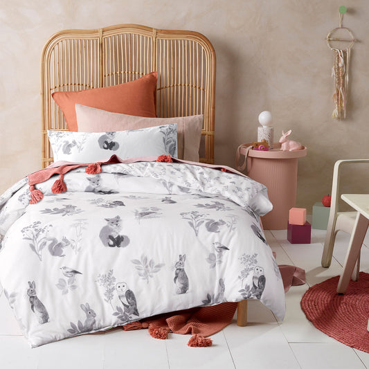 Happy Kids Woodland White Cotton Quilt Cover Set SINGLE