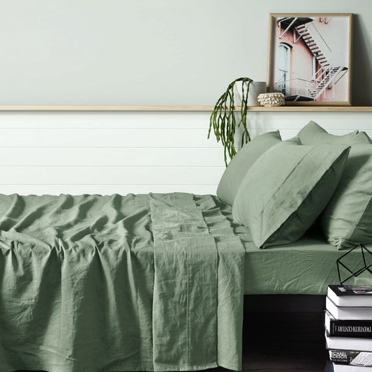 Vintage Design Homewares 100% Linen Sage Sheet Set QUEEN