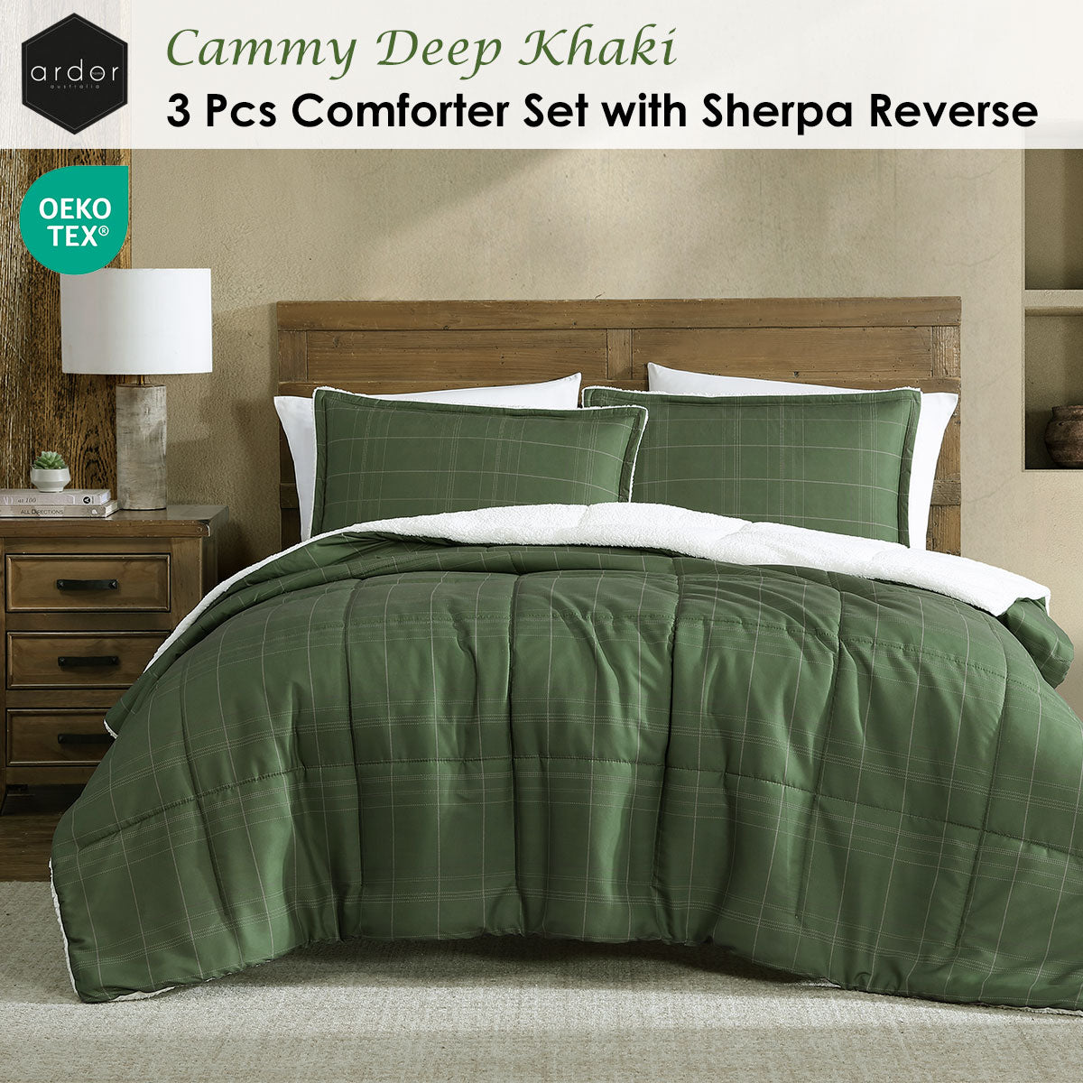 Ardor 3 Pcs Cammy Deep Khaki Comforter Set with Sherpa Reverse Queen/King