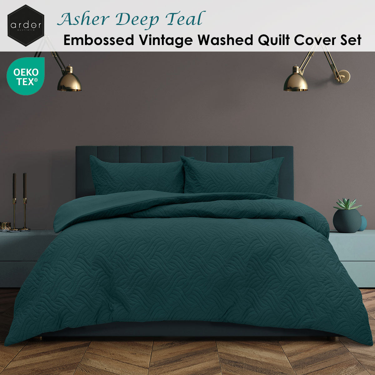 Ardor Asher Deep Teal Embossed Vintage Washed Quilt Cover Set King