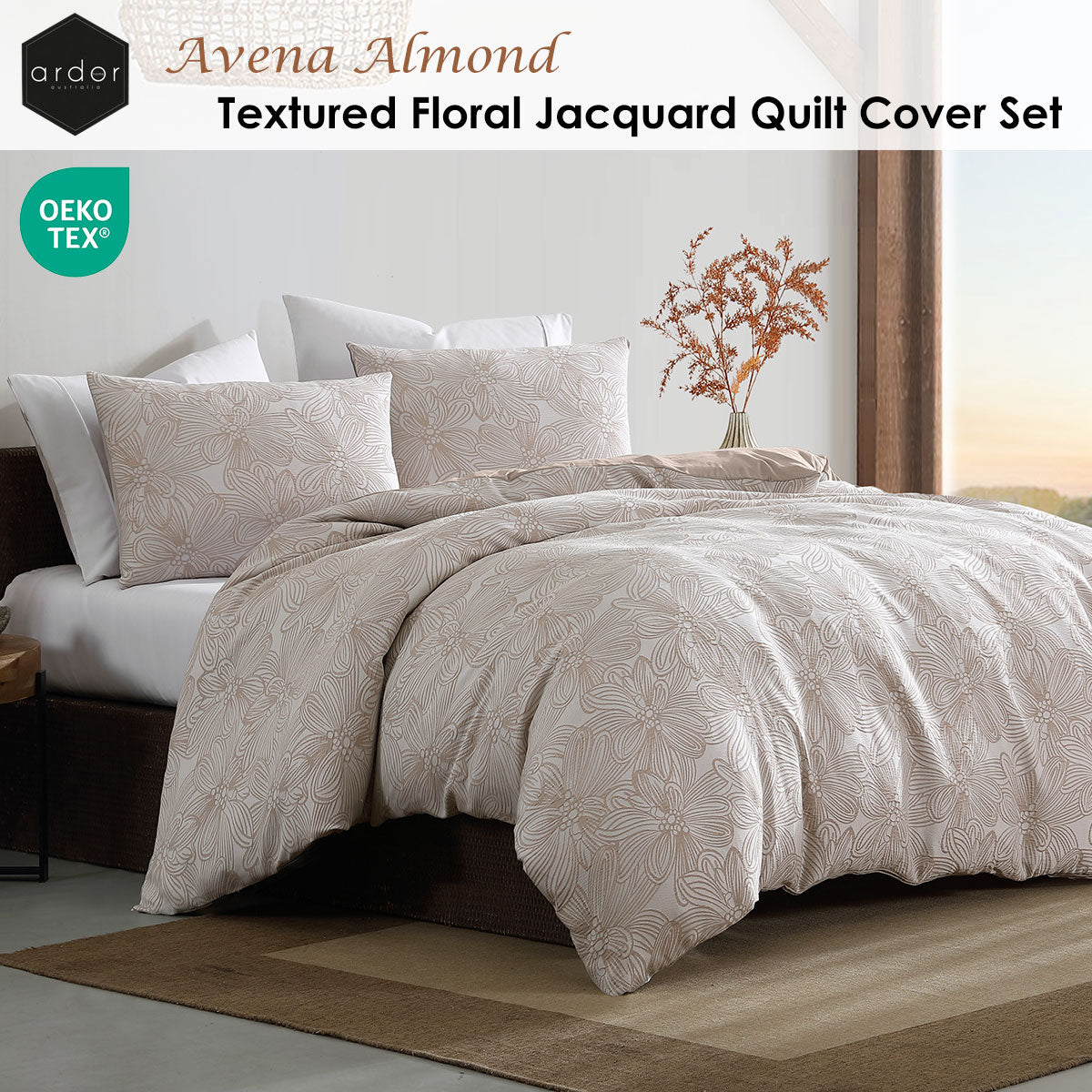 Ardor Avena Almond Textured Floral Jacquard Quilt Cover Set Queen