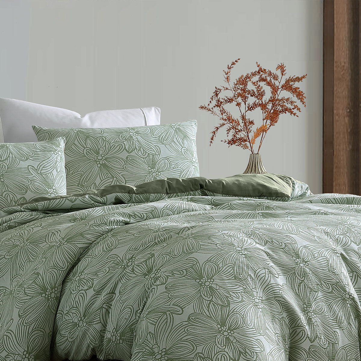 Ardor Avena Green Textured Floral Jacquard Quilt Cover Set Queen