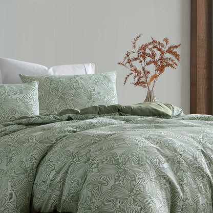Ardor Avena Green Textured Floral Jacquard Quilt Cover Set Queen