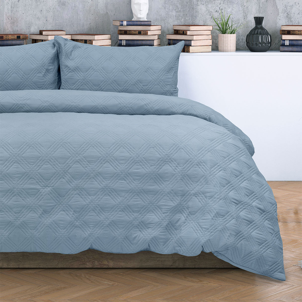 Ardor Carter Mineral Blue Embossed Vintage Washed Geometric Quilt Cover Set King