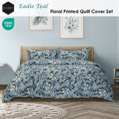 Ardor Eadie Teal Floral Printed Quilt Cover Set Queen