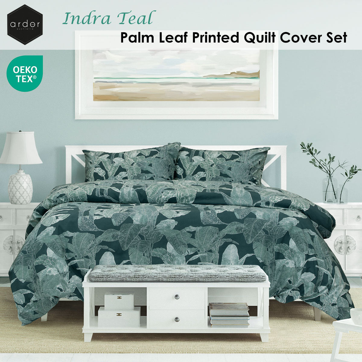 Ardor Indra Teal Palm Leaf Printed Quilt Cover Set Queen