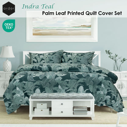 Ardor Indra Teal Palm Leaf Printed Quilt Cover Set Queen