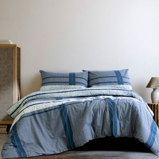 Ardor Mateo Navy Polyester Cotton Quilt Cover Set QUEEN