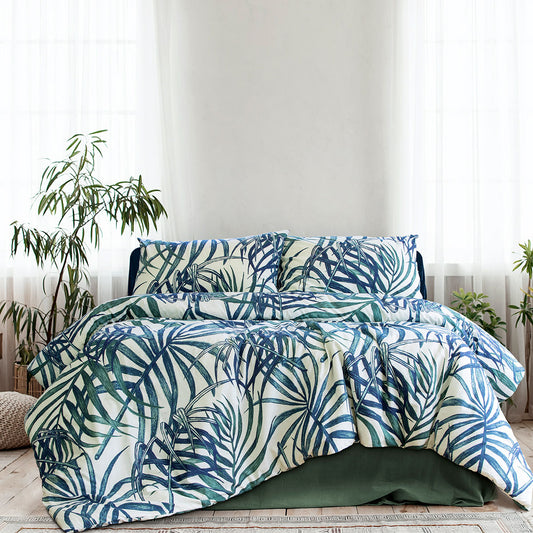 Ardor Palms Blue Polyester Cotton Quilt Cover Set QUEEN