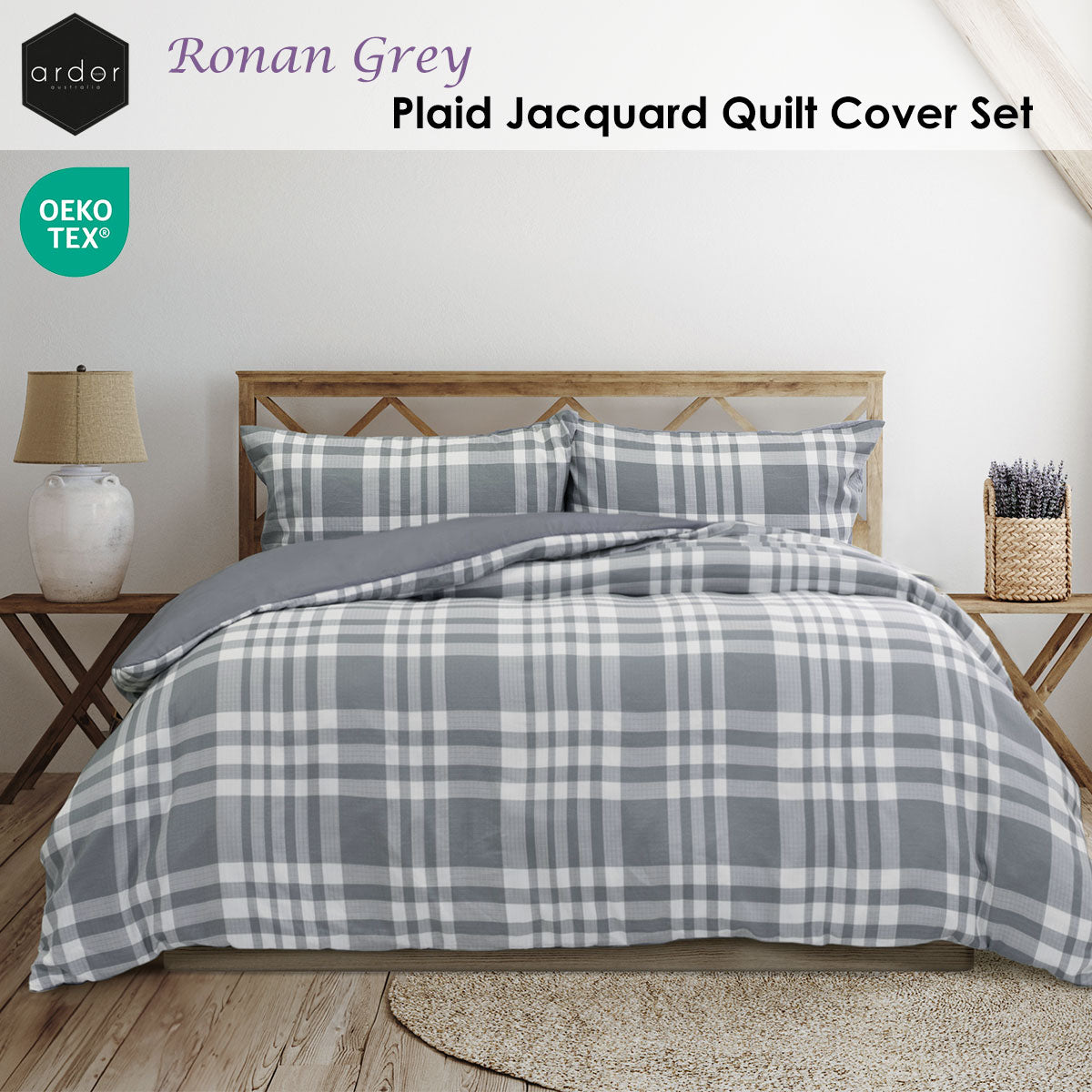 Ardor Ronan Grey Plaid Jacquard Quilt Cover Set King