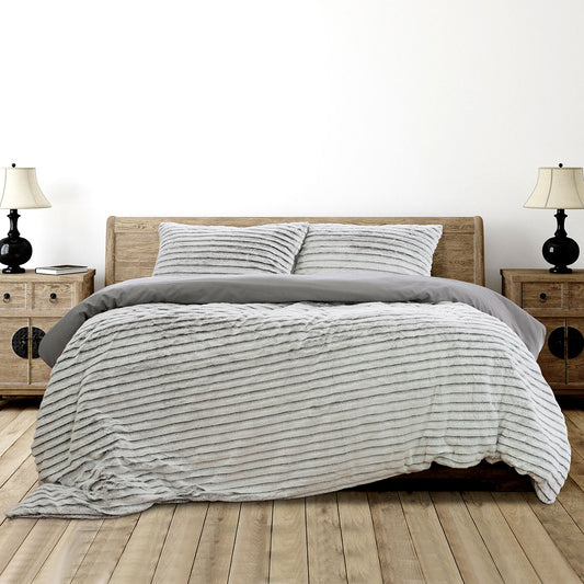 Ardor Striped Faux Fur Grey Super Soft Quilt Cover Set QUEEN