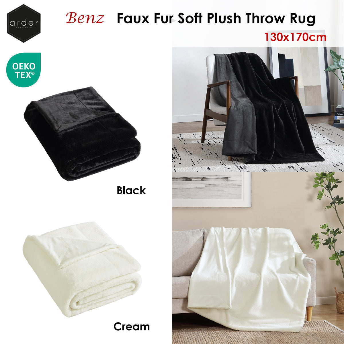 Ardor Benz Faux Fur Soft Plush Throw Rug 130x170cm Black