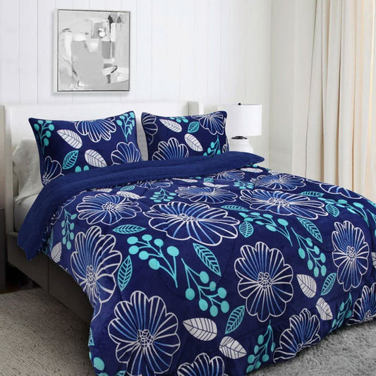 Ramesses Blue Flower Printed Sherpa Flannel Fleece Reversible Blanket Set SINGLE/DOUBLE