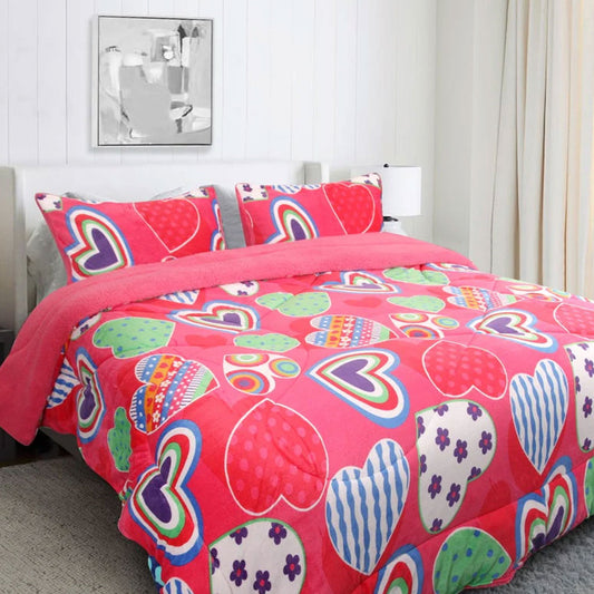 Ramesses Pink Heart Printed Sherpa Flannel Fleece Reversible Blanket Set SINGLE/DOUBLE