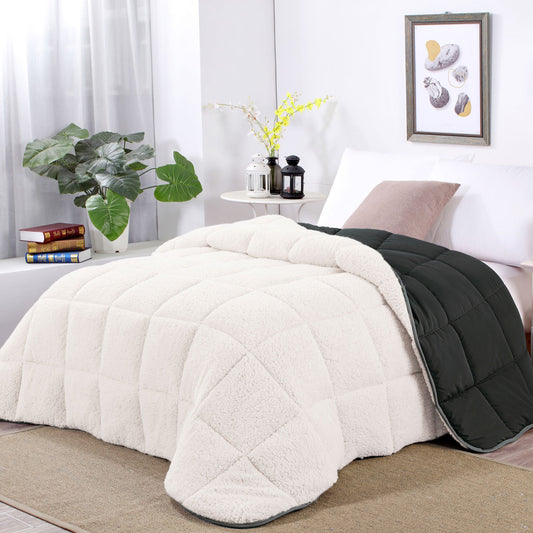 Shangri La Charcoal Sherpa Fleece Reversible 3 Pcs Comforter Set QUEEN