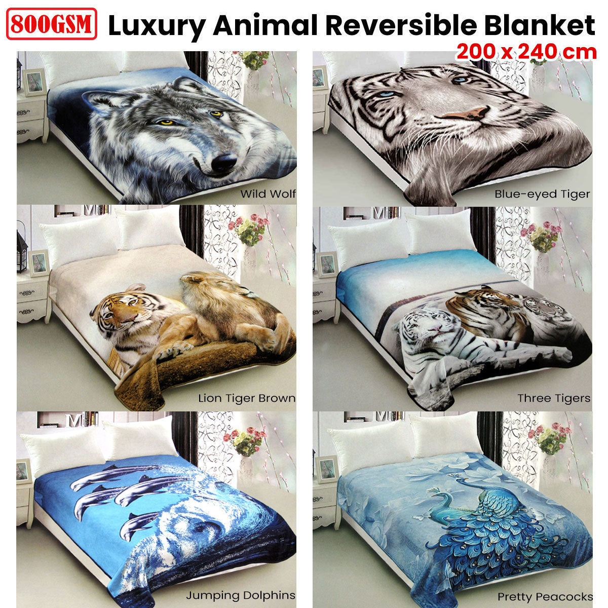 800GSM Luxury Reversible Animal Pattern Mink Blanket Queen 200 x 240 cm Pretty Peacock Blue