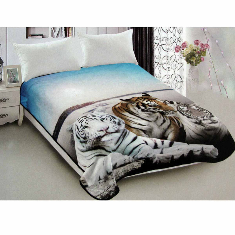 800GSM Luxury Reversible Animal Pattern Mink Blanket QUEEN 200 x 240 cm Three Tigers Blue