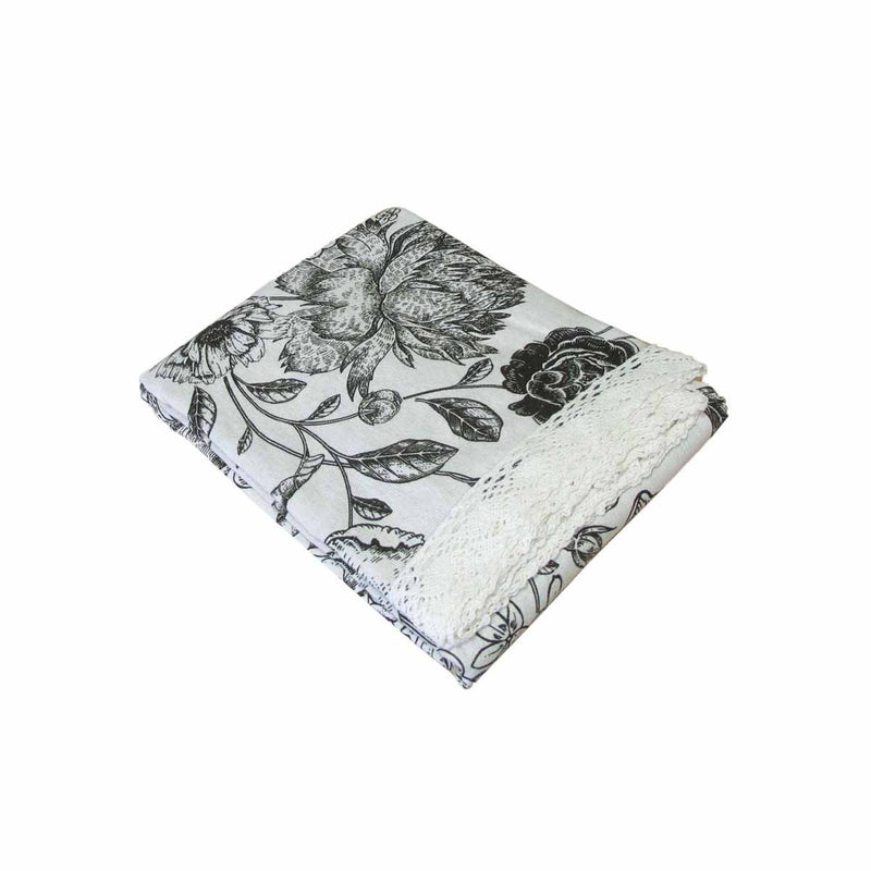 Botanical Printed Premium 60% Cotton 40% Linen Table Cloth with White Lace Edging 140 x 180 cm / 4 Seater