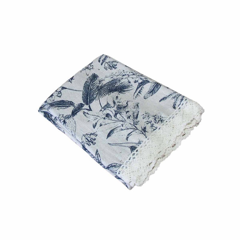 Vintage Flowers Printed Premium 60% Cotton 40% Linen Table Cloth with White Lace Edging 140 x 220 cm / 6 Seater