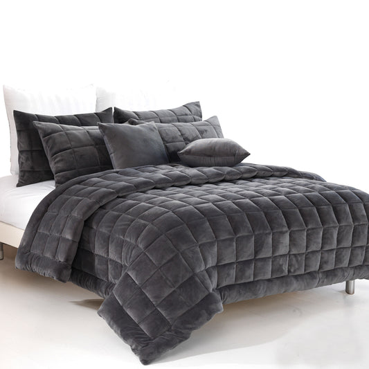 Alastairs Augusta Faux Mink Quilt Queen Charcoal Comforter Set