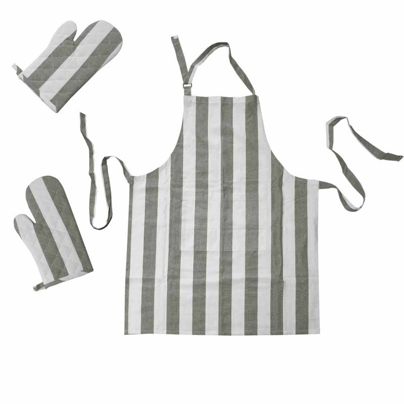 Rans Set of 3 Alfresco Stripe Cotton Apron & Oven Gloves Set Grey