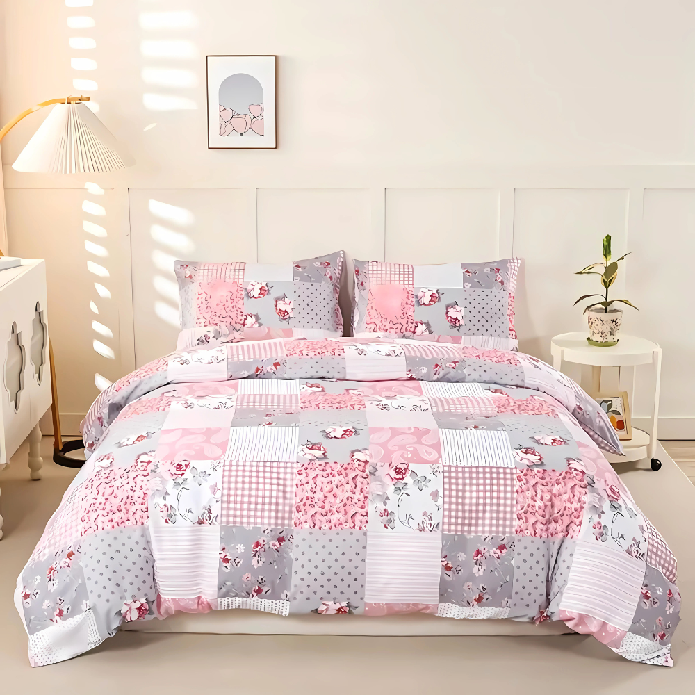 Dreamfields - Soft Pink Plaid Quilt Cover Set - (3pcs, Super King Size)
