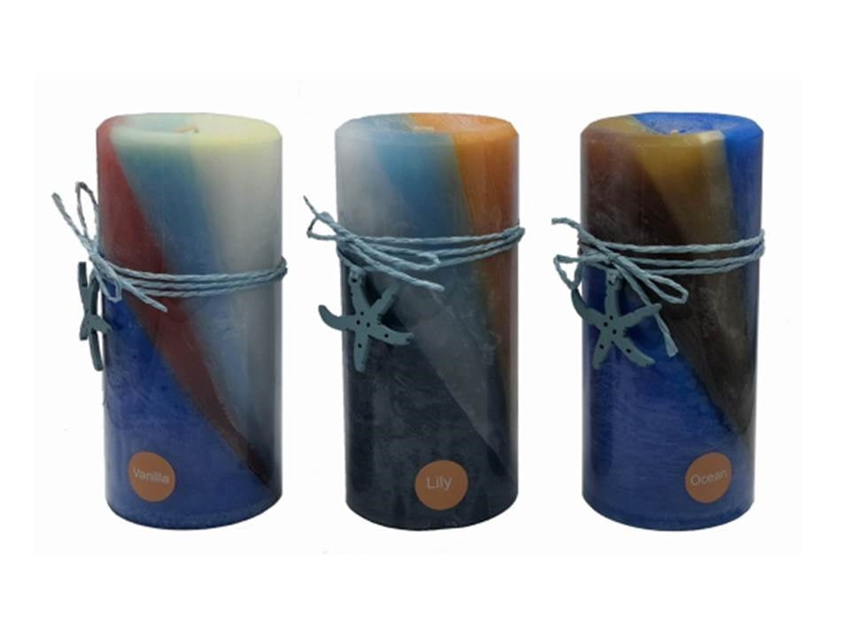 bulk 24 Ocean Views Pillar Candle Assort 15cm