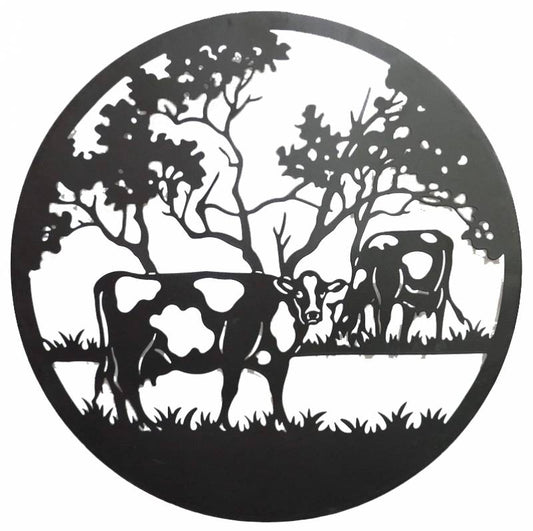 Friendly Cow Round  Metal Wall Art 40x40cm