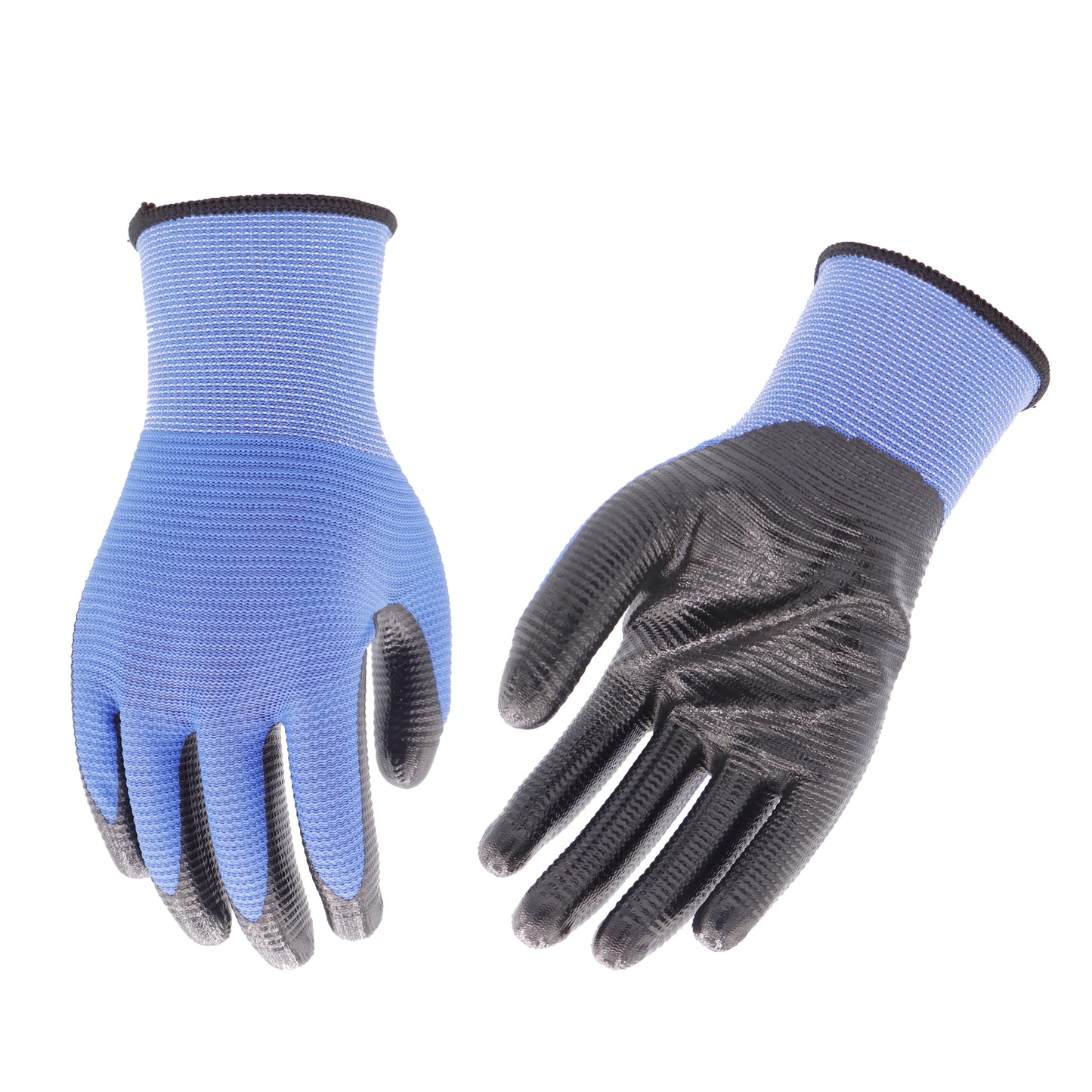 bulk 24 Blue U3 Polyester Shell w Black Nitrile Garden Gloves