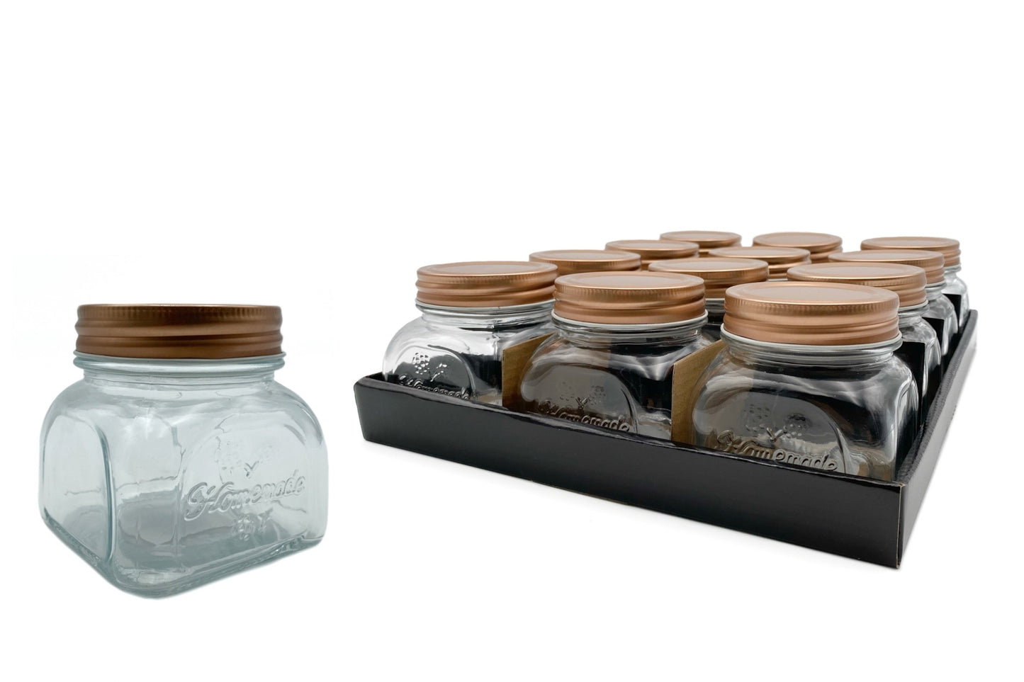 bulk 36 Glass Square Jar w Gold Metal Lid 250ml