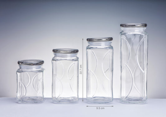 bulk 12 Swirl Embossed Squ Glass Jar w Glass Lid 22cm