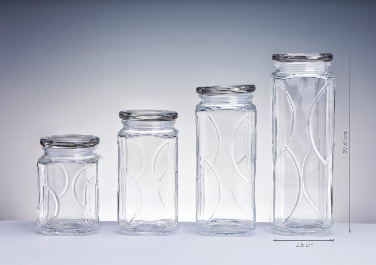 bulk 12 Swirl Embossed Squ Glass Jar w Glass Lid 27cm