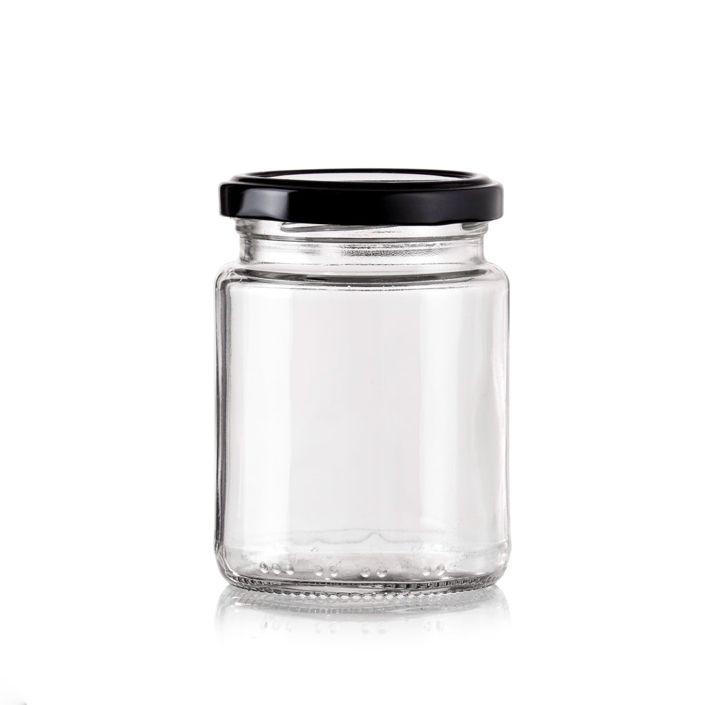 bulk 48 Glass Jar Round w Black Lid 200ml Canister 9cm