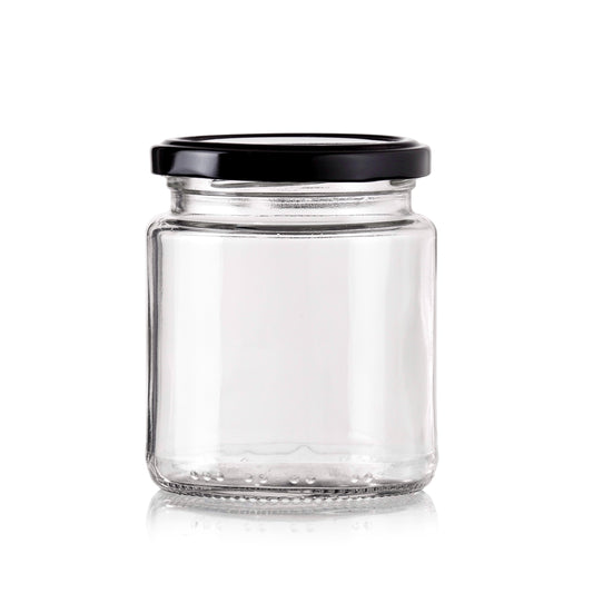 bulk 48 Glass Jar Round w Black Lid 400ml Canister 10cm