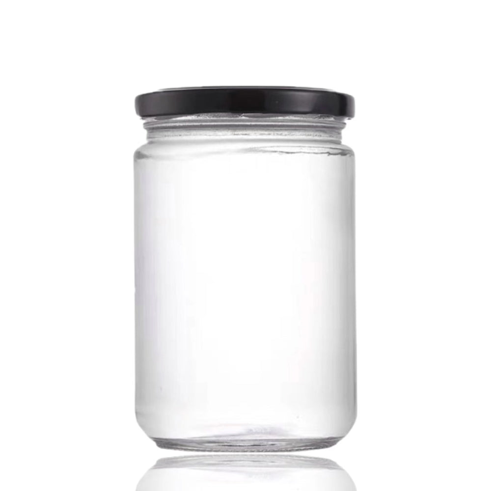 bulk 36 Glass Jar Round w Black Lid 500ml Canister 13cm