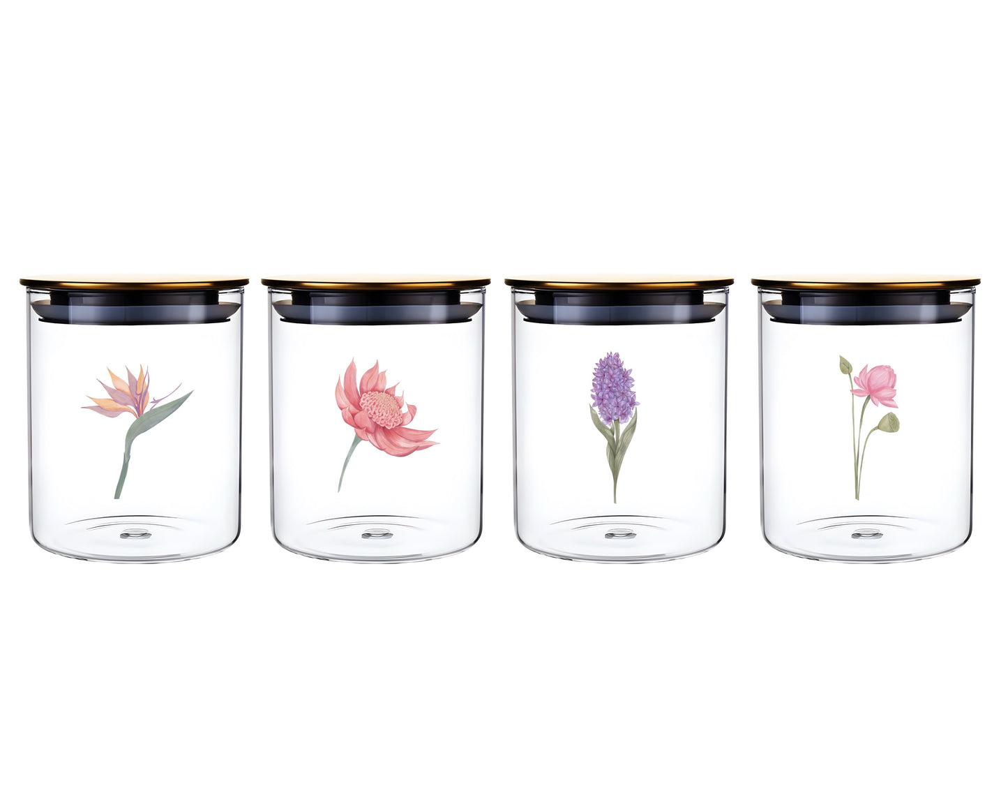 bulk 24 Botanical Flower Glass Jar w Metal Lid 4 Assort 15cm