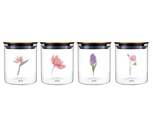 bulk 24 Botanical Flower Glass Jar w Metal Lid 4 Assort 15cm
