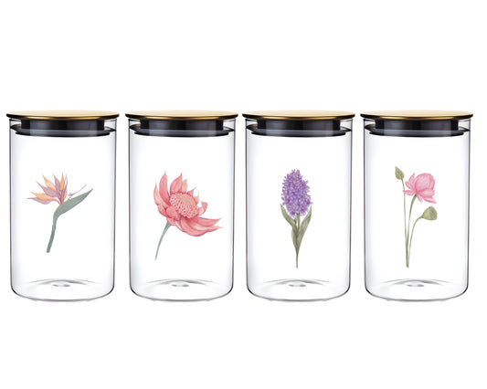 bulk 12 Botanical Flower Glass Jar w Metal Lid 4 Assort 20cm