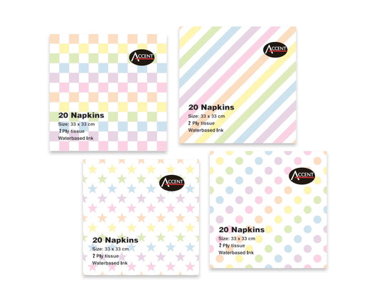 bulk 960 Dots Stars Gingham Diagonal Stripes Napkin 2ply Assort 33cm