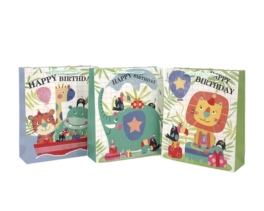 bulk 24 Xlarge Happy Jungle Birthday Gift Bag 3 Assorted 31x42cm