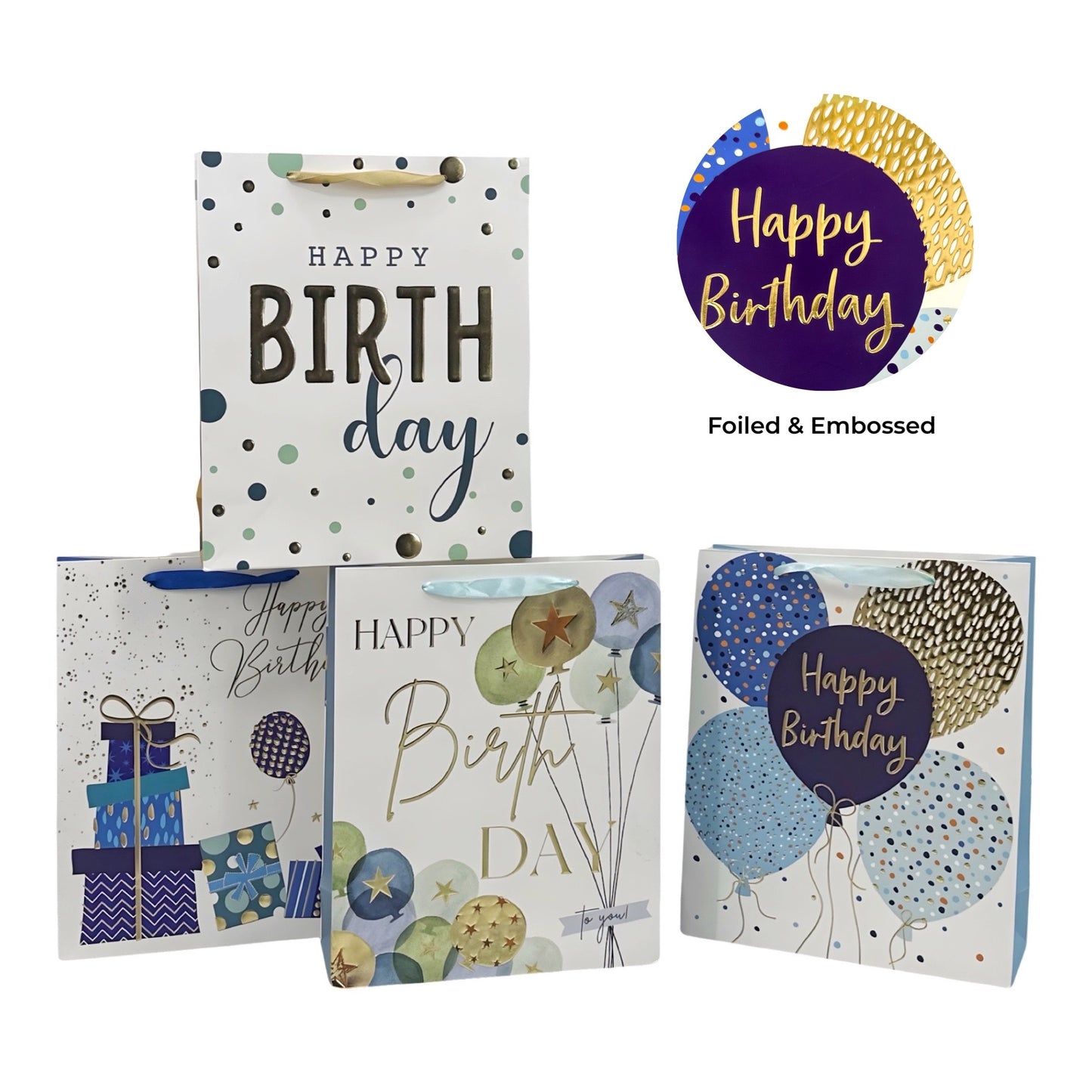 Bulk 24 Xlarge Foil & Embossed Birthday Gift Bag 4 Assort 31x42cm