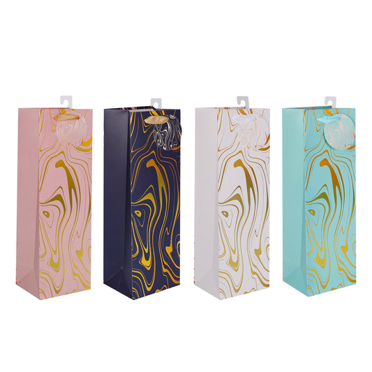 bulk 24 Marble Flow Bottle Gift Bag Foiled Btl 4 Assorted 12x36cm